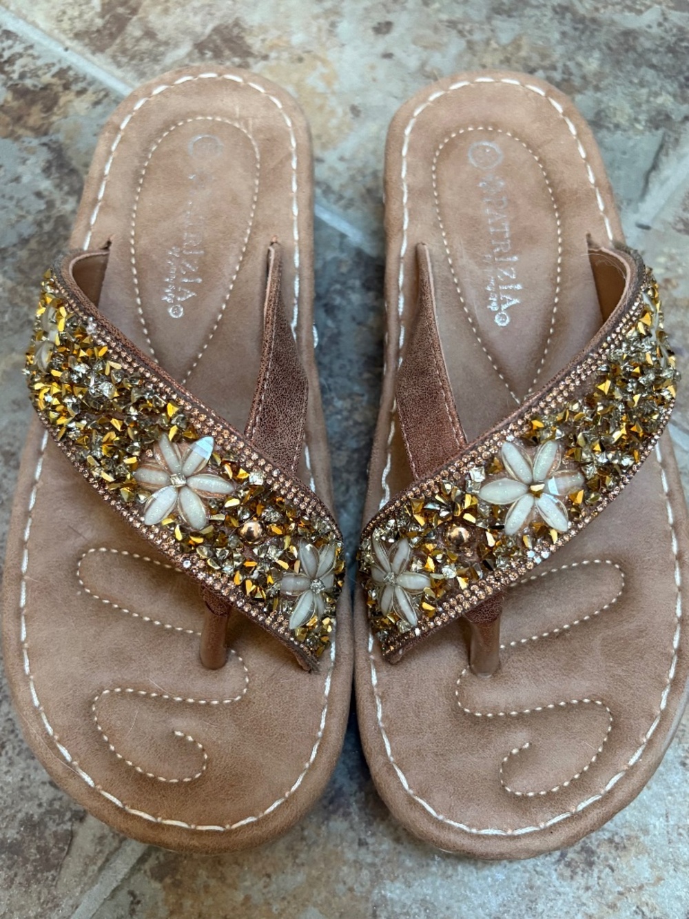 Gold & White beaded flip flops